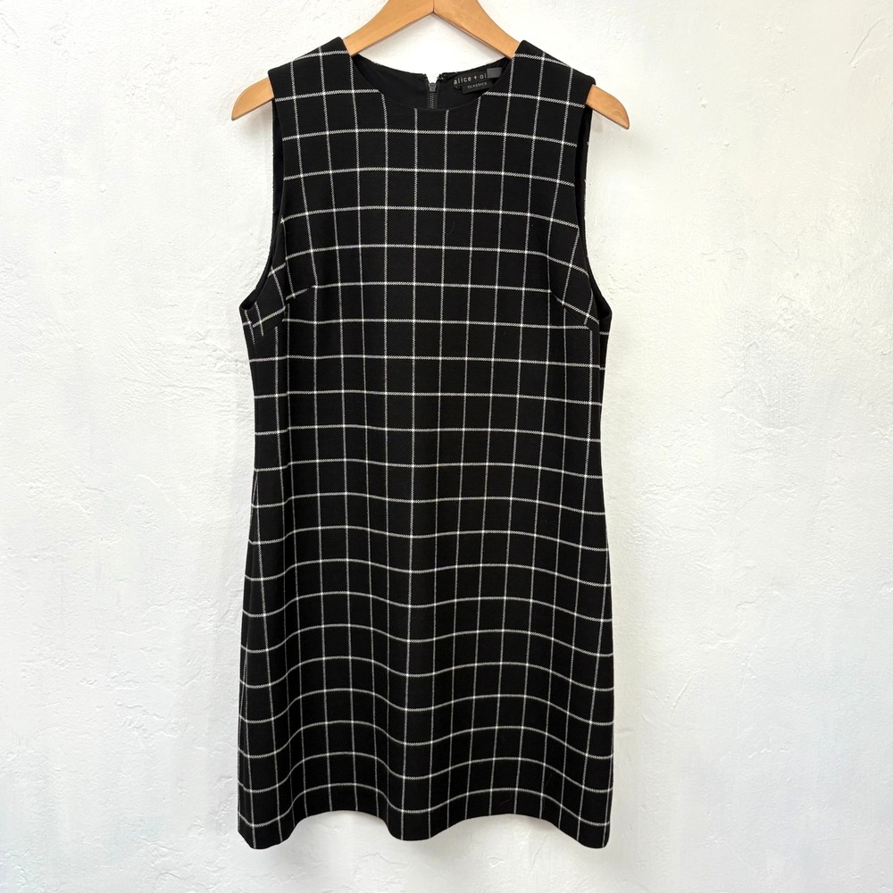 Alice and Olivia Windowpane Plaid Shift Dress Women Size 10 Black Sleeveless